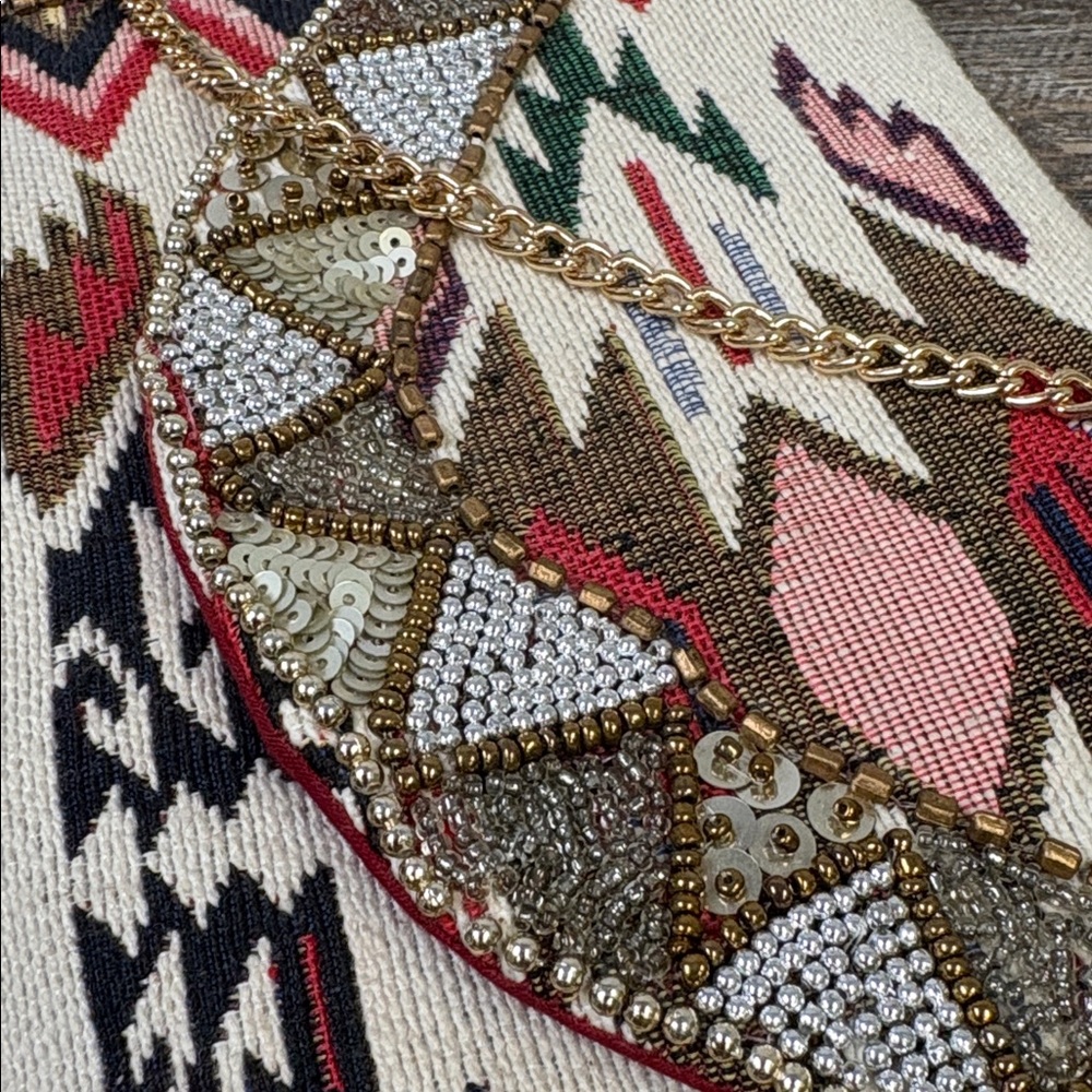 Beaded Aztec Envelope Clutch with Gold Chain Strap - Picture 3 of 9